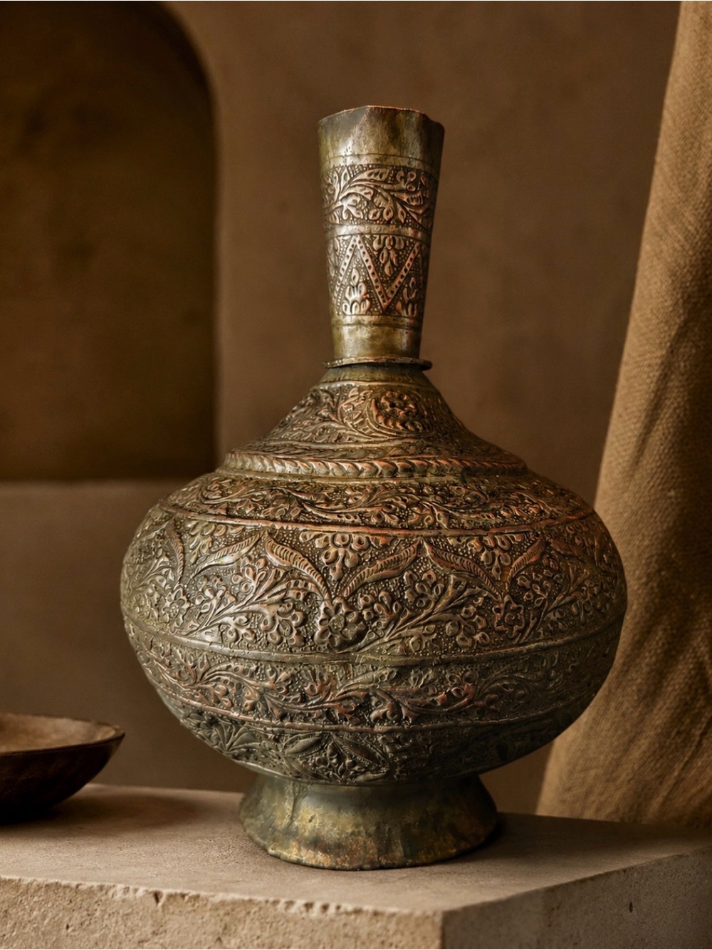 💎 HTF Antique 19thC Indo-Persian Hand Chased Tinned Copper Surahi